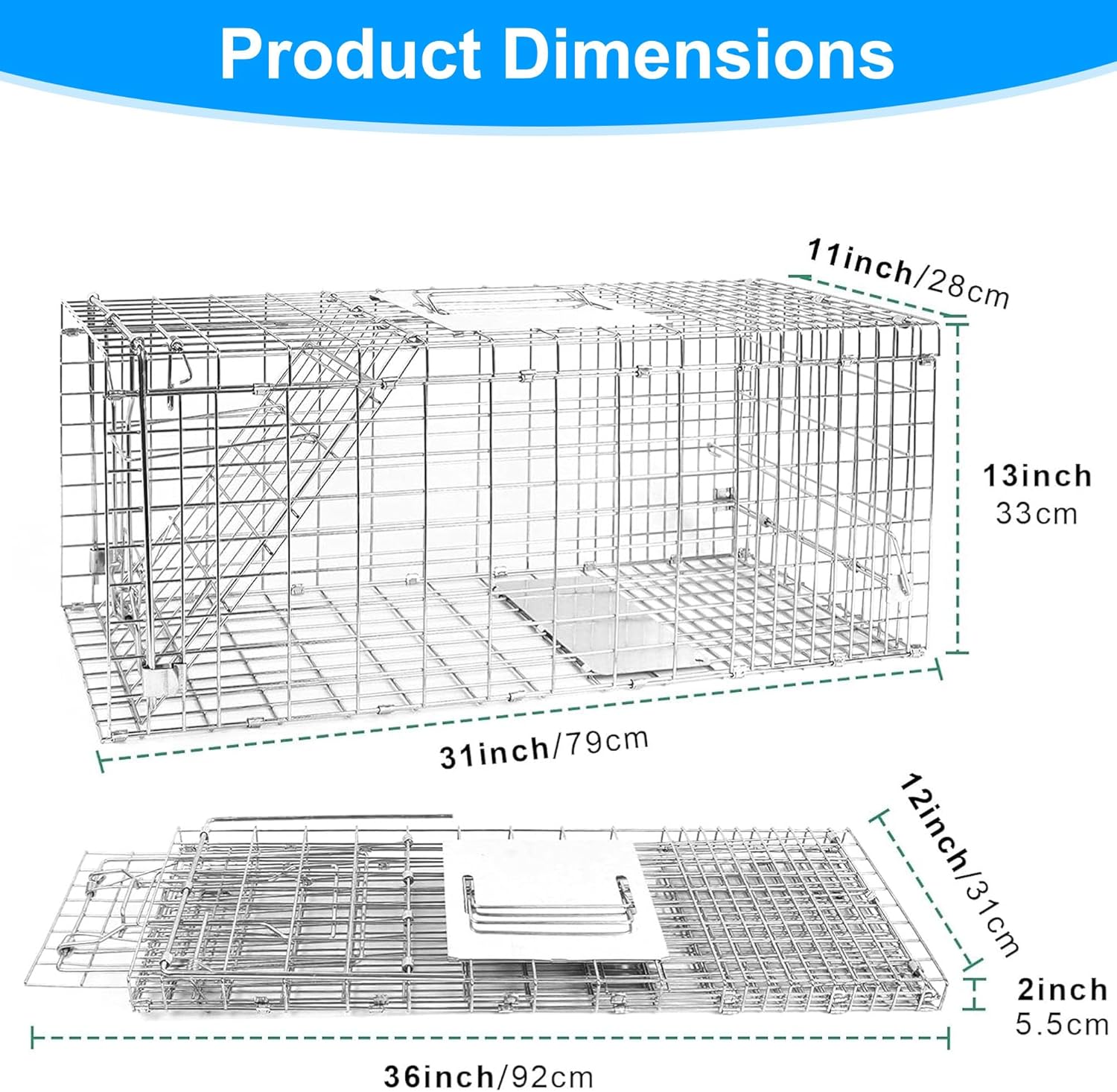 32 Live Animal Trap Cage, Heavy Duty Folding Live Animal Cage Trap for Stray Cats, Raccoons, Squirrels, Rabbits, Opossums, Groundhogs, Armadillos up to 16.5 lbs - 32 L x 11 W x 13 H